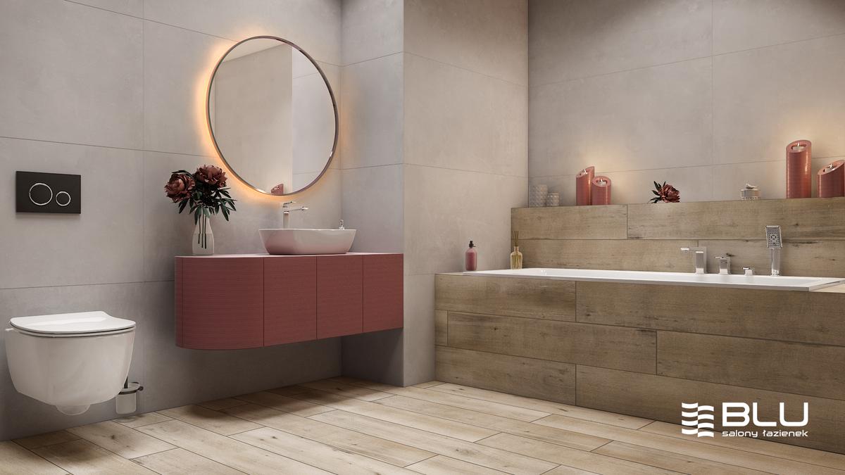 Romantyczna łazienka z różowymi dodatkami i płytkami Azario Solan Light Brown oraz Honshu mat.